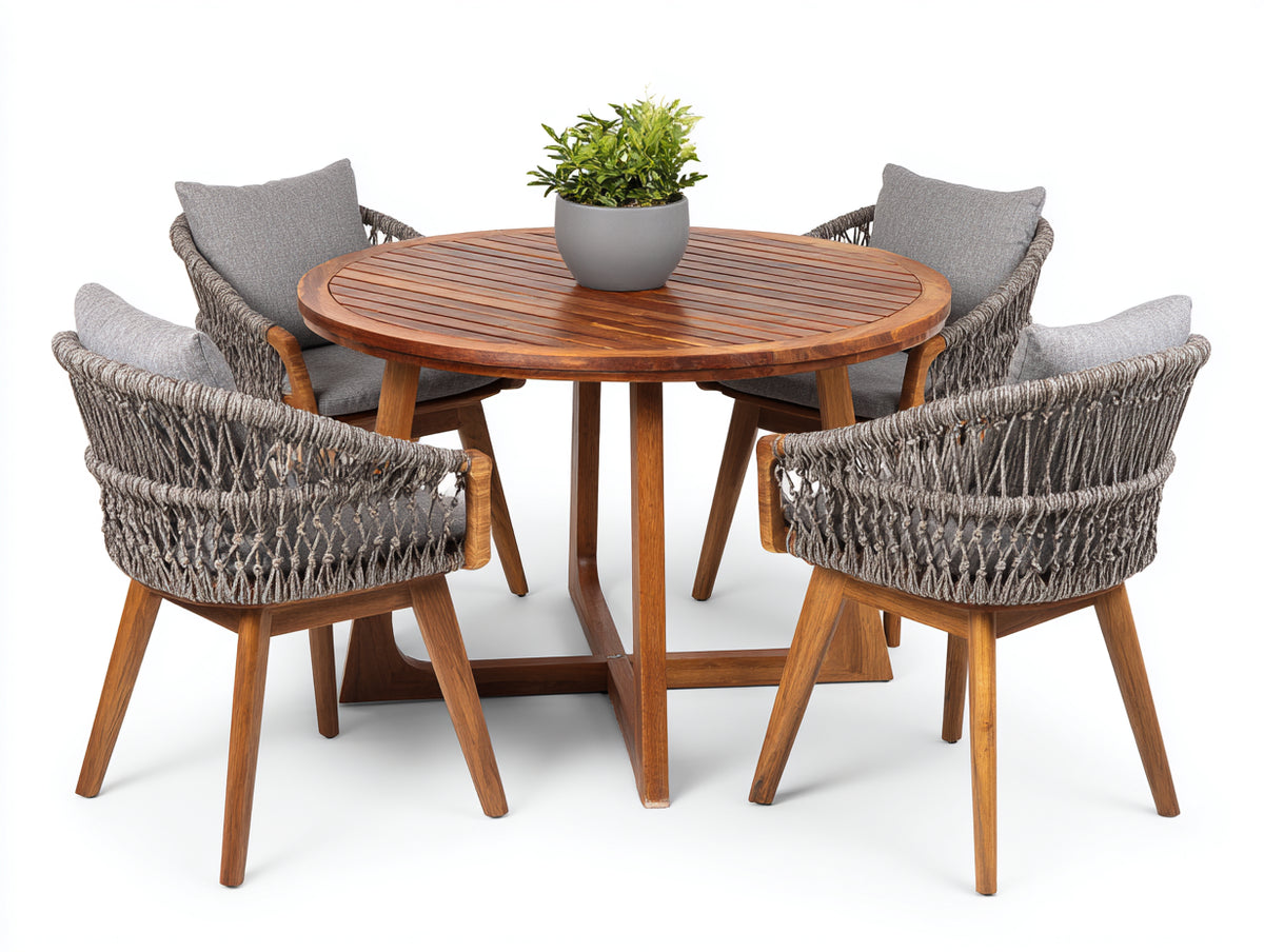 Salon de jardin repas - Bois-Corde tressée - 142x142x75 cm - Bois brun-Gris - Style rustique contemporain