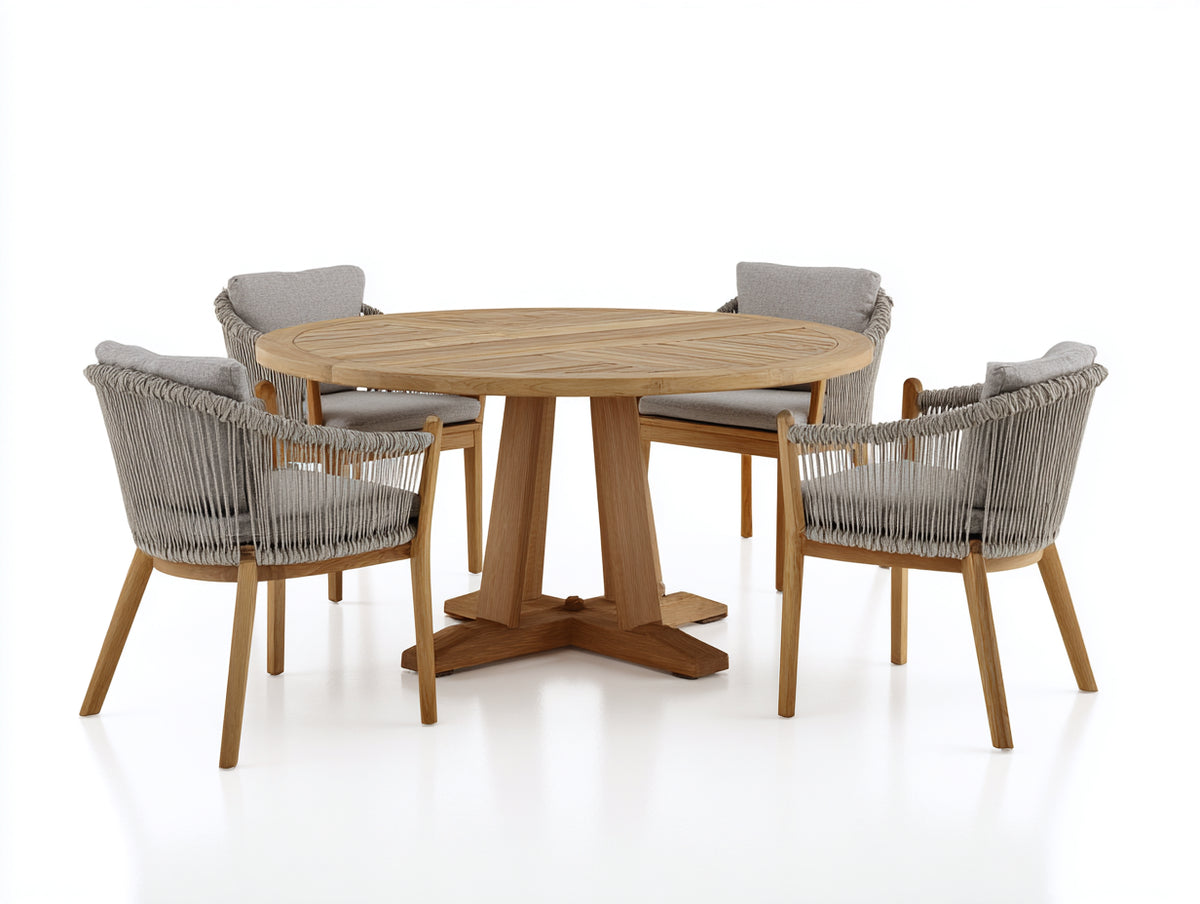 Salon de jardin repas - Bois-Corde tressée - 140x140x75 cm - Bois naturel-Gris clair - Style contemporain