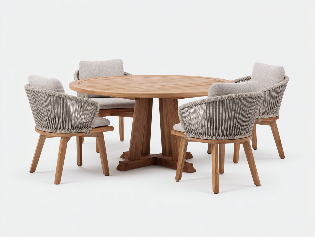 Salon de jardin repas - Bois-Corde tressée - 145x145x75 cm - Bois naturel-Gris clair - Style contemporain