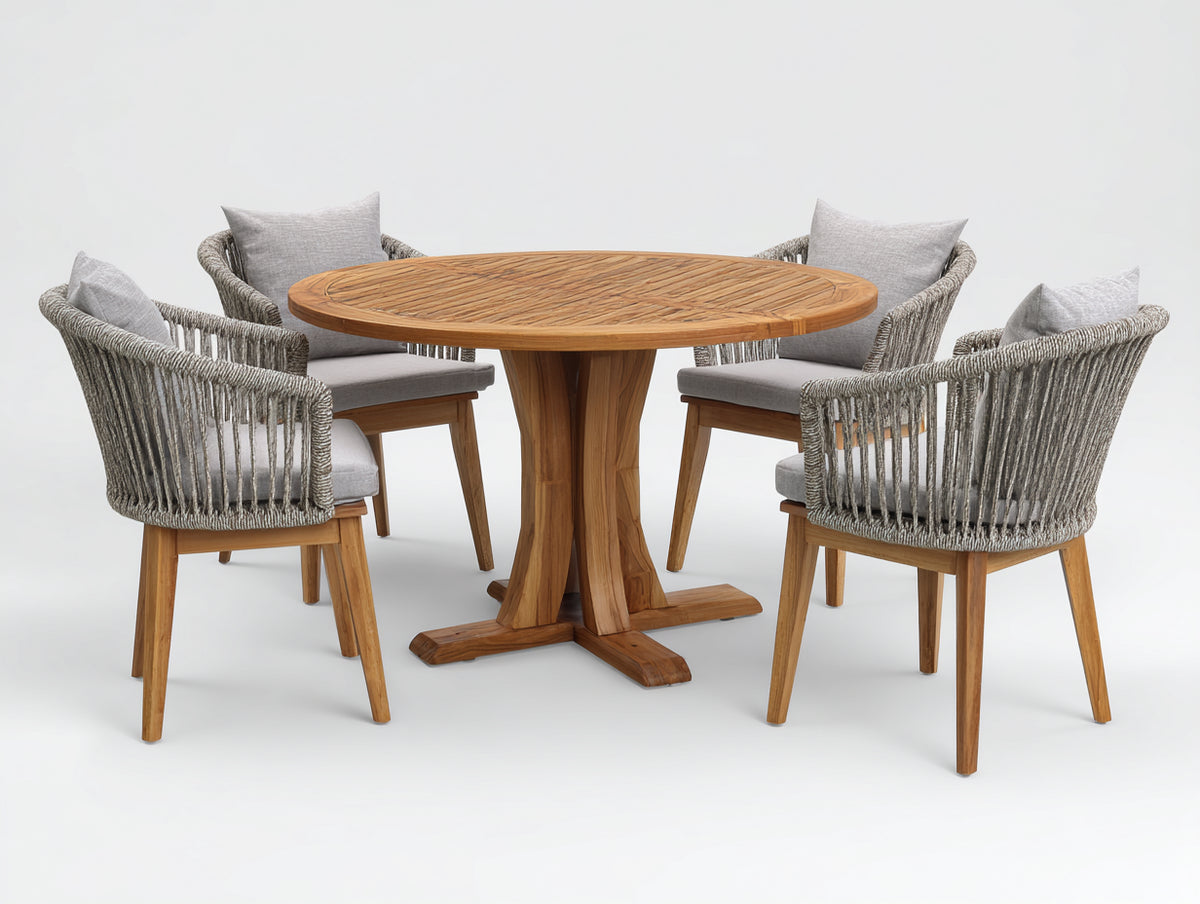 Salon de jardin repas - Bois-Corde tressée - 138x138x74 cm - Bois miel-Gris clair - Style naturel